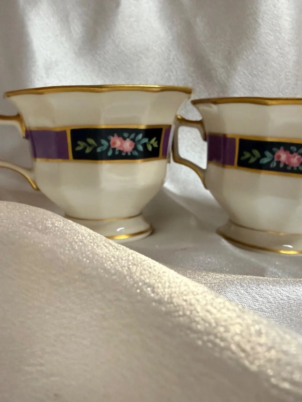Pair Antique T&V Limoges France Porcelain Tea Cups Floral Gold Trim No Saucers